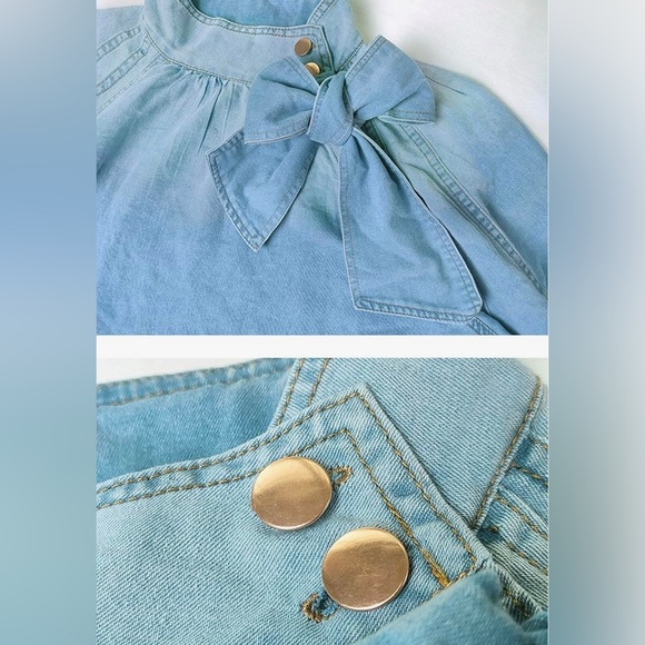 🆕Women’s Bow Design Top Button Up HighNeck Fashionable Top w/Puff Sleeves Large - Picture 2 of 3